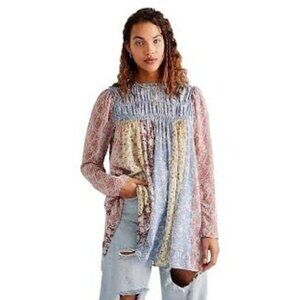Free People Merrie Mix tunic small blue pink boho patchwork flowy smocked
